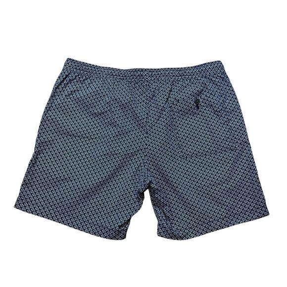 J Crew Flex Mens Shorts Large Navy Blue White Geometric Triangle Elastic Waist - Picture 2 of 10